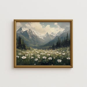 SUMMER Mountain Meadow Wall Art - Alpine Flower Field Landscape Printable, Peaceful Nature Painting for Rustic or Cottagecore Decor