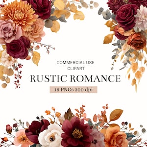 Può includere: Clipart floreale ad acquerello a tema rustico. L'immagine presenta composizioni di fiori bordeaux, pesca e gialli con fogliame verde e oro. Il testo include "COMMERCIAL USE CLIPART" e "RUSTIC ROMANCE".