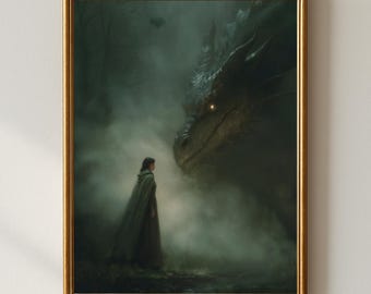 Fantasy Woman and Dragon Art Print, Moody Gothic Decor (Digital Download)
