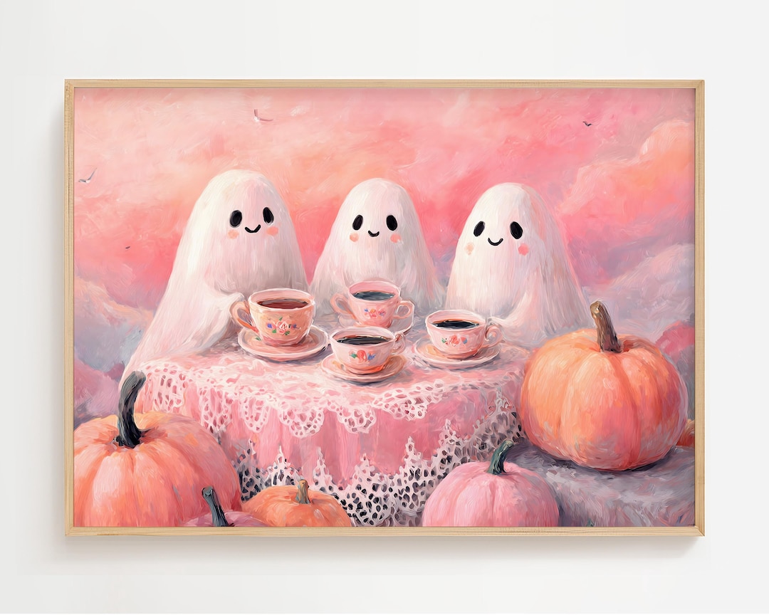 Cute Ghost Tea Party Wall Art, Pastel Halloween Pumpkin Print ...