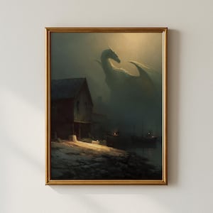 Dragon Wall Art – Dark Fantasy Oil Painting Print, Gothic Medieval Village Artwork, Mythical Creature Home Decor