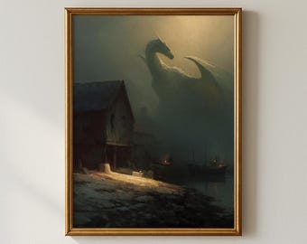Lámina artística de un pueblo costero con un dragón épico / Decoración gótica fantástica (descarga digital)