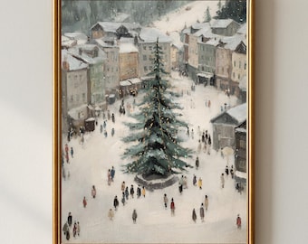 Vintage Christmas Town Square Wall Art, Snowy Holiday Village Painting, Festive Winter Market Scene with Christmas Tree Print