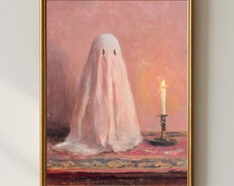 Vintage Pink Ghost Halloween Art Print | Spooky Cozy Decor (Digital Download)