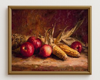 May include: A framed still life painting featuring red apples and ears of corn. The apples are a deep red color, and the corn has a golden hue. The painting has a warm, autumnal color palette, with a dark background.