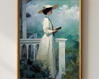 Leseecke Dekor, antike Frau im weißen Kleid mit Buch, romantische Vintage Wand Kunst Vintage