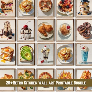 Retro Kitchen Wall Art Set of 20+, Food Wall Decor Printable Bundle, Diner Cafe Dessert Prints, Pancake Donut Kitchen Decor