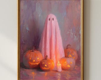 Pink Halloween Ghost Wall Art | Pastel Ghost with Pumpkins Printable | Whimsical Spooky Cute Autumn Digital Download Decor
