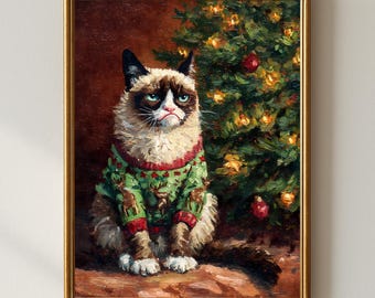 Funny Grumpy Cat Christmas Wall Art Print, Holiday Cat in Ugly Sweater by Tree, Humorous Festive Pet Lover Decor, Winter Artwork