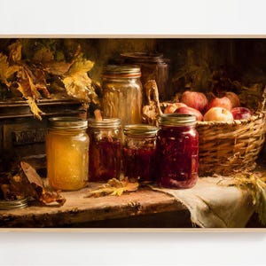 Quadro decorativo para cozinha estilo fazenda, impressão de pintura a óleo rústica de natureza morta, potes de geleia e pêssegos, decoração de despensa com tema de colheita de outono.