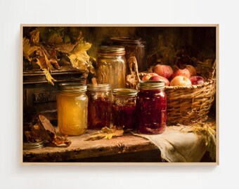 Farmhouse Kitchen Wall Art Printable, Rustic Still Life Oil Painting Print, Jam Jars & Peaches, Autumn Harvest Pantry Decor