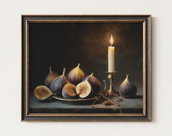 Impressão artística de natureza morta com figo e vela em tom melancólico | Decoração rústica para cozinha (Download digital)