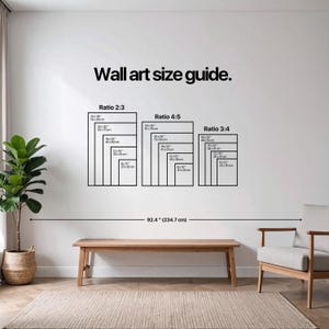 May include: A wall art size guide with three ratio options: 2:3, 4:5, and 3:4. Each ratio displays various rectangular sizes in inches and centimeters, such as 24x36 inches (60x90 cm). A wooden bench and a plant in a woven basket are in the foreground.