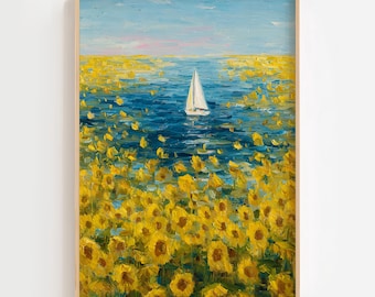 Sunflower Field Sailboat Print | Impressionist Coastal Art (Digital Download)