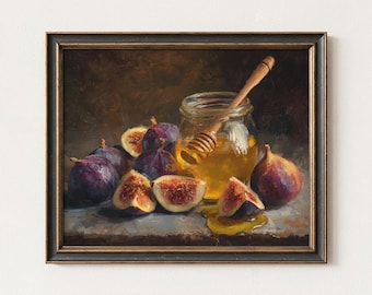 Pintura de natureza morta com figos rústicos e mel | Arte de parede vintage para cozinha | Pintura a óleo de comidas e bebidas para impressão | Decoração de sala de jantar estilo fazenda