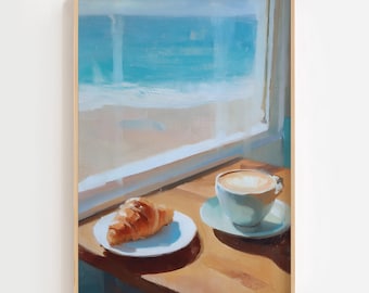 Wydruk artystyczny Coastal Cafe Latte & Croissant, widok na morze (pobranie cyfrowe)