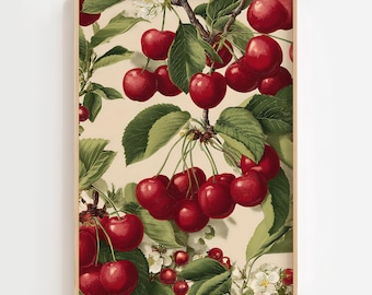 Vintage Cherry Botanical Wall Art | Kitchen Fruit Print | Red Cherry Illustration | Farmhouse Kitchen Decor | Cottagecore Botanical Poster