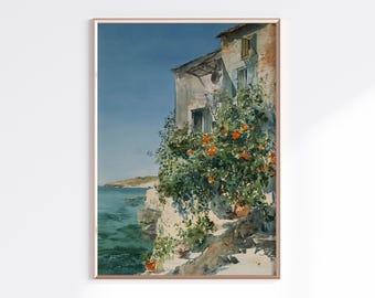 Mediterranean Seaside Villa Print | Rustic Italy Greece Coastal Art (Digital Download)