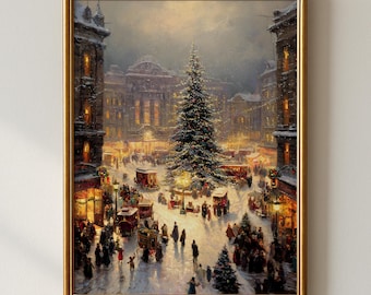 Christmas Market Wall Art, Festive Town Square Oil Painting Print, Snowy Holiday Village Décor, Vintage Christmas Tree Artwork Printable