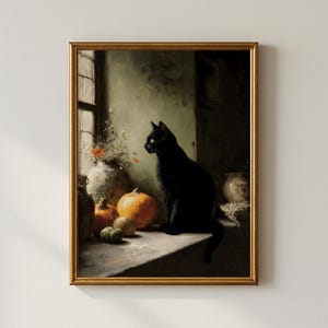 Halloween Black Cat Wall Art, Whimsical Decor, Cat Art for Home, Spooky Prints, Halloween Gift Ideas