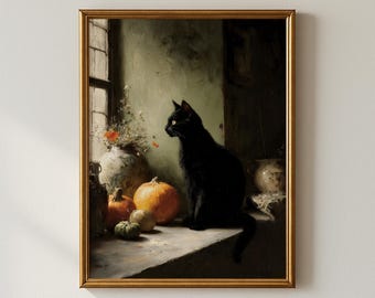 Halloween Black Cat Wall Art | Spooky Cat Sitting on Windowsill with Pumpkins | Rustic Autumn Printable Digital Download Decor