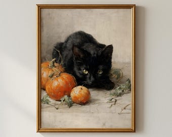 Lámina artística de Halloween de gato negro / Calabazas rústicas de otoño (descarga digital)