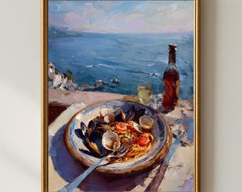 Amalfi Coast Pasta Oil Painting, Italian Seaside Art (Digital Download)