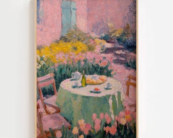 French Garden Breakfast Oil Painting | Pastel Impressionist Wall Art | Spring Floral Patio Print | Provence Cottage Home Decor