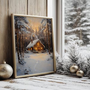 Snowy Cabin Print: Winter Forest Landscape, Cozy Lodge Decor (Digital Download
