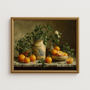 Rustic Orange Still Life Wall Art | Vintage Citrus Fruit Painting with Jar | Farmhouse Kitchen Dining Room Printable Digital Download