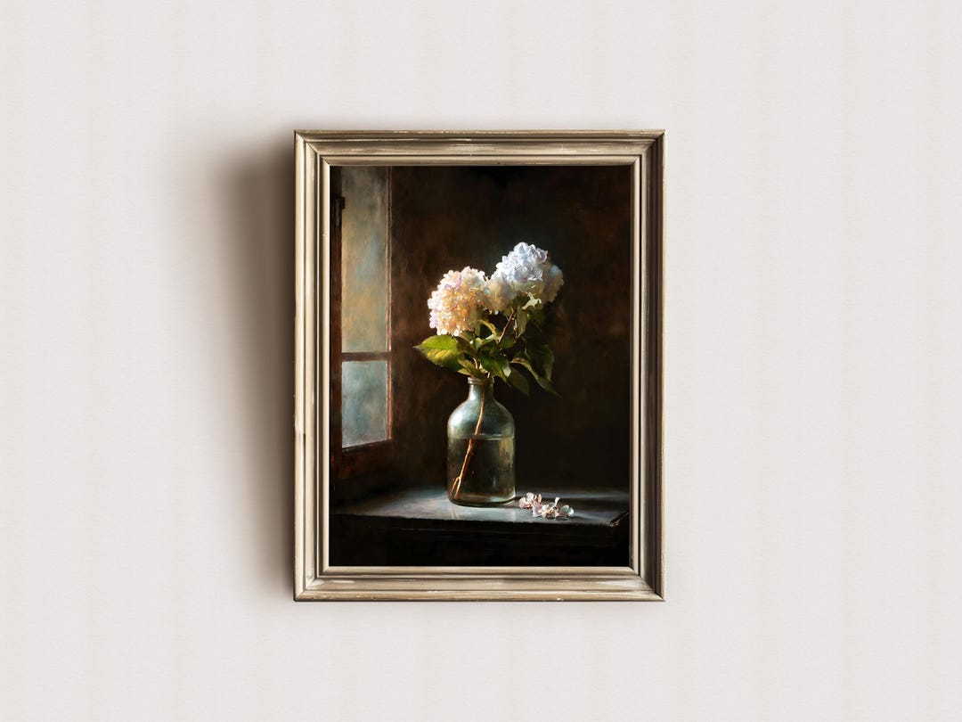 Hydrangea Still Life Print | Moody Vintage Floral Oil Painting (digital ...
