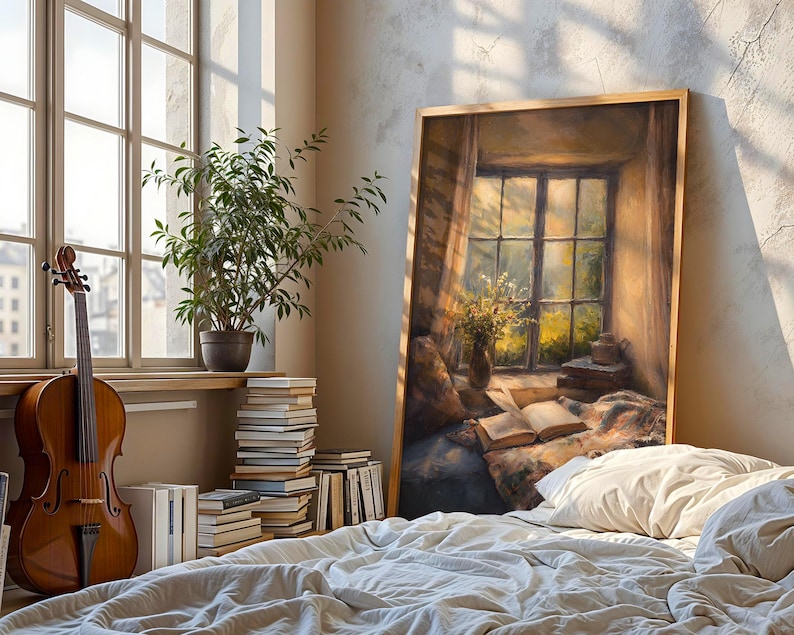 May include: A cello leans against a window with a view of a city. A framed painting depicts a window scene with an open book and flowers. A stack of books and a potted plant sit on the windowsill. A bed with white linens is in the foreground.