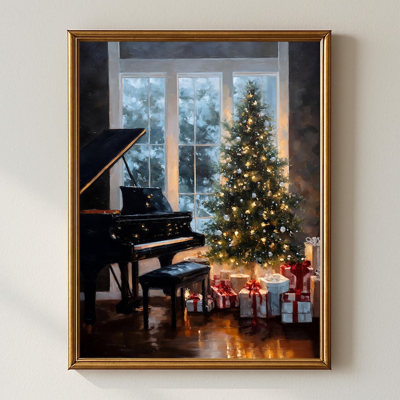 May include: A framed painting depicts a Christmas scene. A black grand piano sits near a window with a view of a snowy landscape. A decorated Christmas tree with lights and wrapped gifts are in the foreground, creating a warm, festive atmosphere.