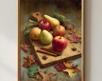 Rustic Autumn Kitchen Wall Art | Apples and Pears Still Life with Cinnamon and Leaves | Cozy Farmhouse Fall Printable Digital Download Decor