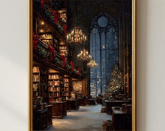 Christmas Library Wall Art, Festive Book Lover Print, Cozy Holiday Reading Room Decor, Vintage Winter Bookshop Digital Download