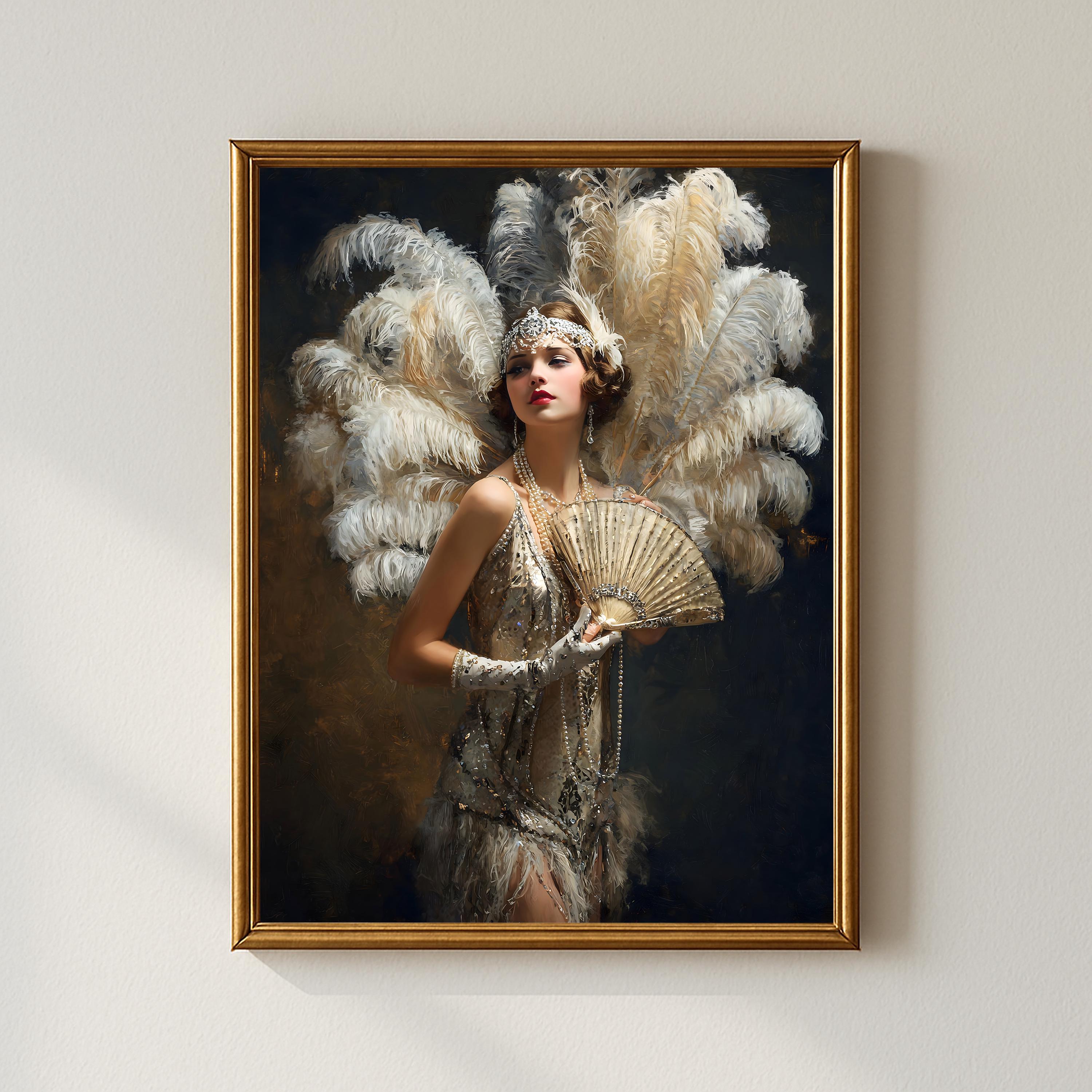 Vintage Burlesque Wall Art | 1920s Showgirl With Feathered Fan and