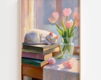 Spring Cat Sleeping on Books Art Print, Cottagecore Tulip Window (Digital Download)
