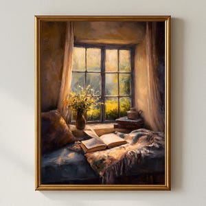 May include: A framed painting depicts a cozy window scene. A vase of flowers sits on a windowsill with an open book and a patterned blanket. The window looks out onto a bright, yellow-green landscape. The painting is in a gold frame.