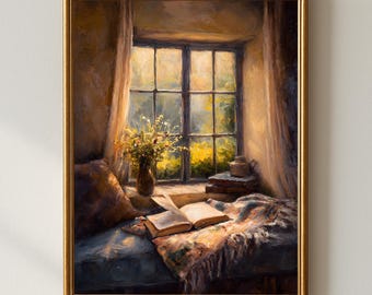Stampa Cozy Reading Nook, dipinto Cottagecore Sunlight (download digitale)