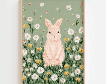 Impression de prairie de fleurs de lapin, art mural pastel pour chambre d'enfant (téléchargement numérique)