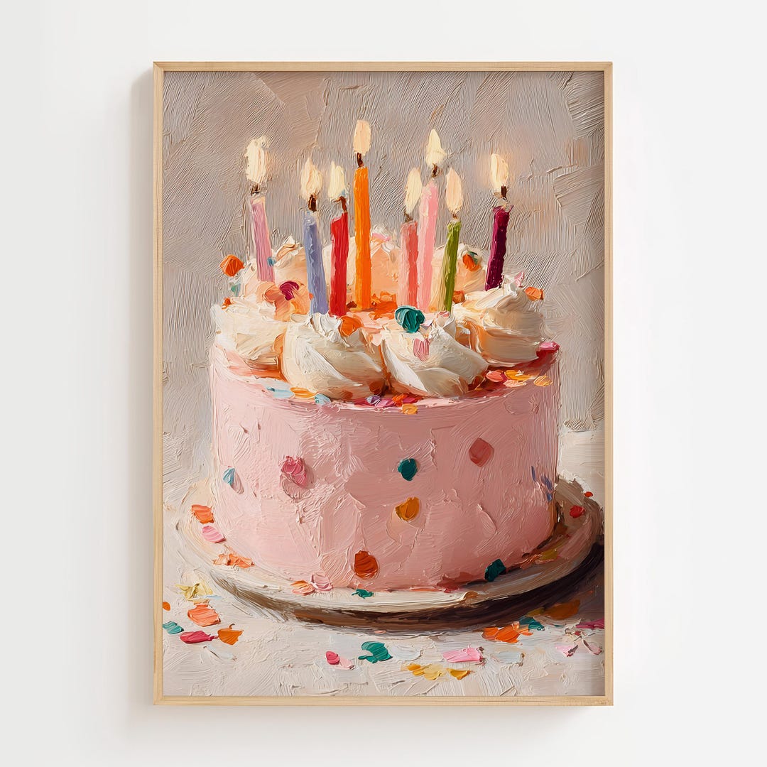 Pink Birthday Cake Art Print, Candles and Sprinkles (digital Download ...