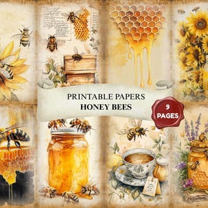 Kit de diário de sucata de abelhas para impressão | Papéis vintage para itens efêmeros | Folhas de colagem de scrapbook de abelhas para etiquetas, cartões e diário de sucata