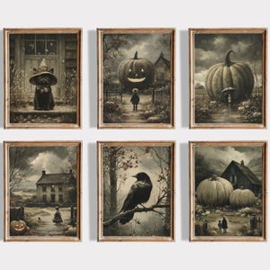Vintage Halloween Wall Art Set of 6 – Spooky Pumpkin Crow Black Cat Prints, Gothic Fall Home Decor, Halloween Gift