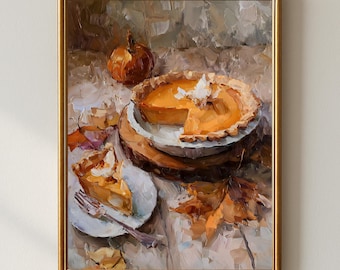 Pumpkin Pie Still Life Painting, Rustic Kitchen Decor (Digital Download)
