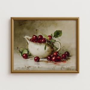 Vintage Cherry Still Life Wall Art – Rustic Fruit Kitchen Decor, Classic Oil Painting Style Artwork, Farmhouse Dining Room Print