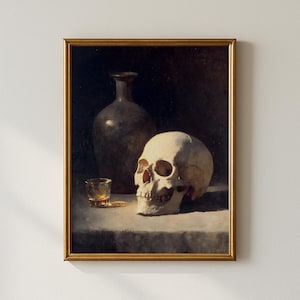 Vintage Skull Wall Art, Dark Gothic Decor, Dark Academia Gothic Painting, Moody Antique, Skull Illustration, Artistic Home Wall Decor