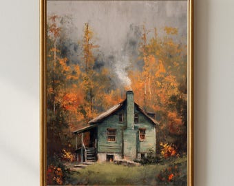 Vintage Autumn Cabin Wall Art | Rustic Cottage in Autumn Forest Landscape | Cozy Farmhouse Fall Printable Digital Download Decor