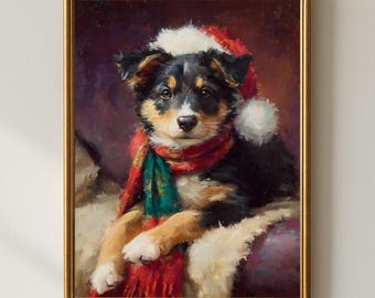 Christmas Dog Wall Art Print, Festive Puppy in Santa Hat and Scarf, Cute Holiday Pet Lover Decor, Rustic Farmhouse Winter Artwork