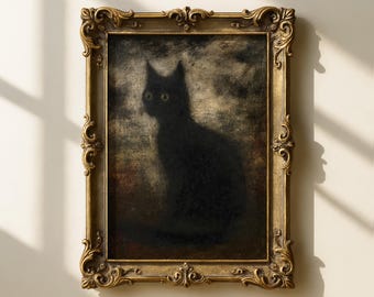 Halloween Black Cat Wall Art | Gothic Cat Silhouette in Shadowy Darkness | Vintage Spooky Autumn Printable Digital Download Decor