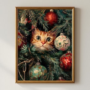 May include: A framed painting of a ginger cat peeking through a Christmas tree. The cat has large, round eyes and is surrounded by red and green ornaments. The artwork has a vintage, painterly style.